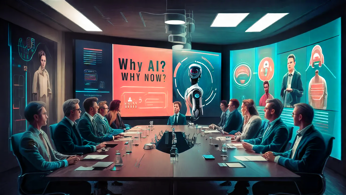 In a modern, sleek conference room, a dynamic presentation unfolds on a large screen. The title reads, "Why AI? Why Now?" The room is filled with forward-thinking professionals, their eyes glued to the screen. The presentation, powered by AIAdoptor, showcases the transformative potential of AI in today's business landscape.